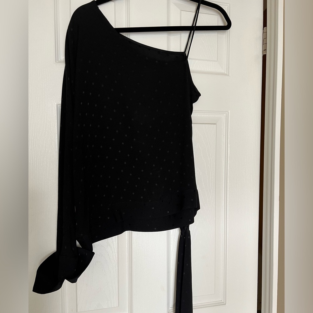 Topshop Boutique Black on Black Polka Dot One Shoulder Blouse Size 6